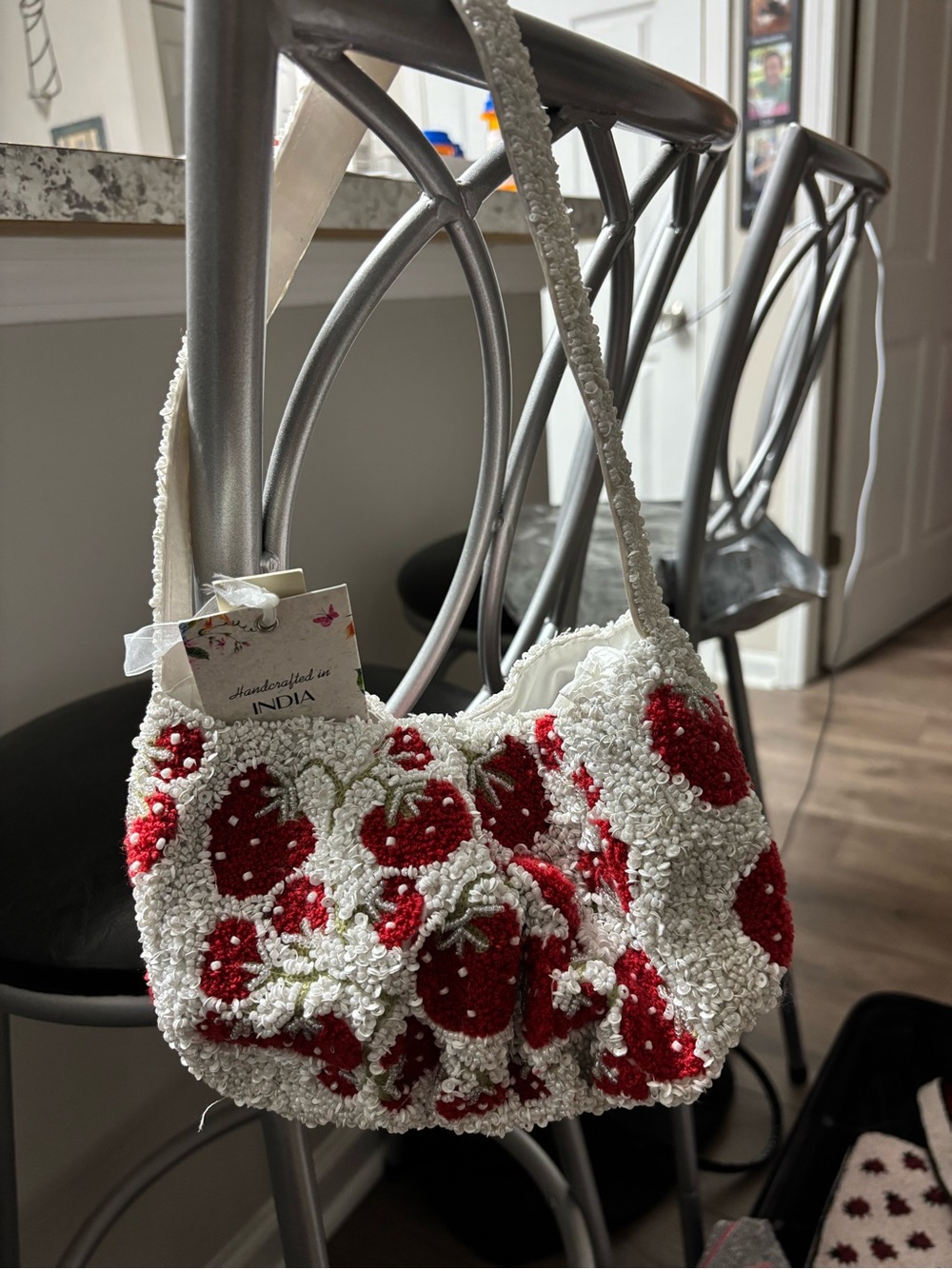 White Beaded Strawberry Mini Shoulder Bag